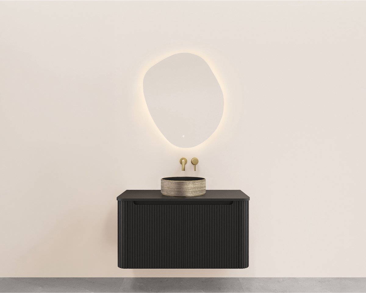 Wiesbaden Sulora Onderkast - Afgeronde Hoeken - Geribbeld met 1 Lade en 1 Uitsparing - 100x48cm - Mat Zwart