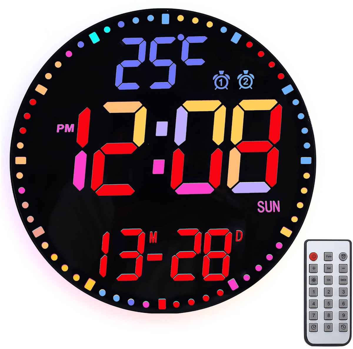 SnelShoppen - 12 Inch Digitale Wandklok met Nachtlampje, Afstandsbediening, Alarm, Grote Digitale Klok, RGB-kleuren, Temperatuurweergave, Datum, Weekd