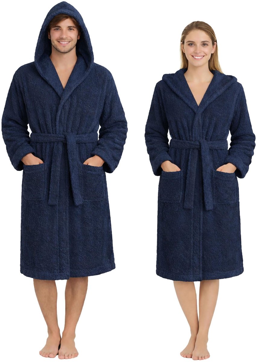 SnelShoppen - Unisex Badjas 100% Katoenen Badstof 400 g/m² met Capuchon, Zachte en Absorberende Badjas met Riem en Zakken, Blauw XXL voor Dames en Her