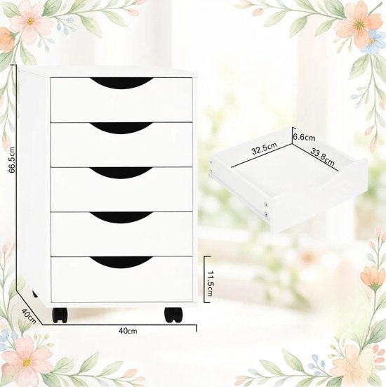 STILVORA Mobiele Opbergkast Met 5 Lades En Wielen Voor Bureau En Slaapkamer - Wit - Kunsthout - 40 X 40 X 66,5 Cm — afbeelding 5