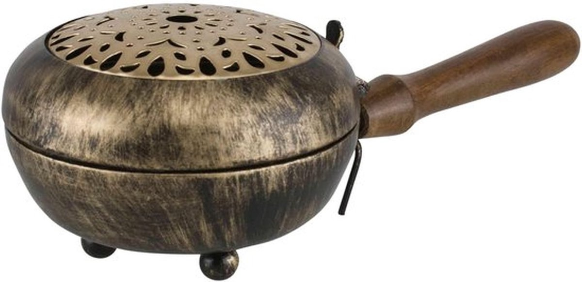 Wierookpan antiek - Hittebestendig Houten Handvat - Duurzaam IJzer - 23 x 11,5 x 7 cm - Inklapbaar Deksel - Ventilatiepatroon - Rookpan