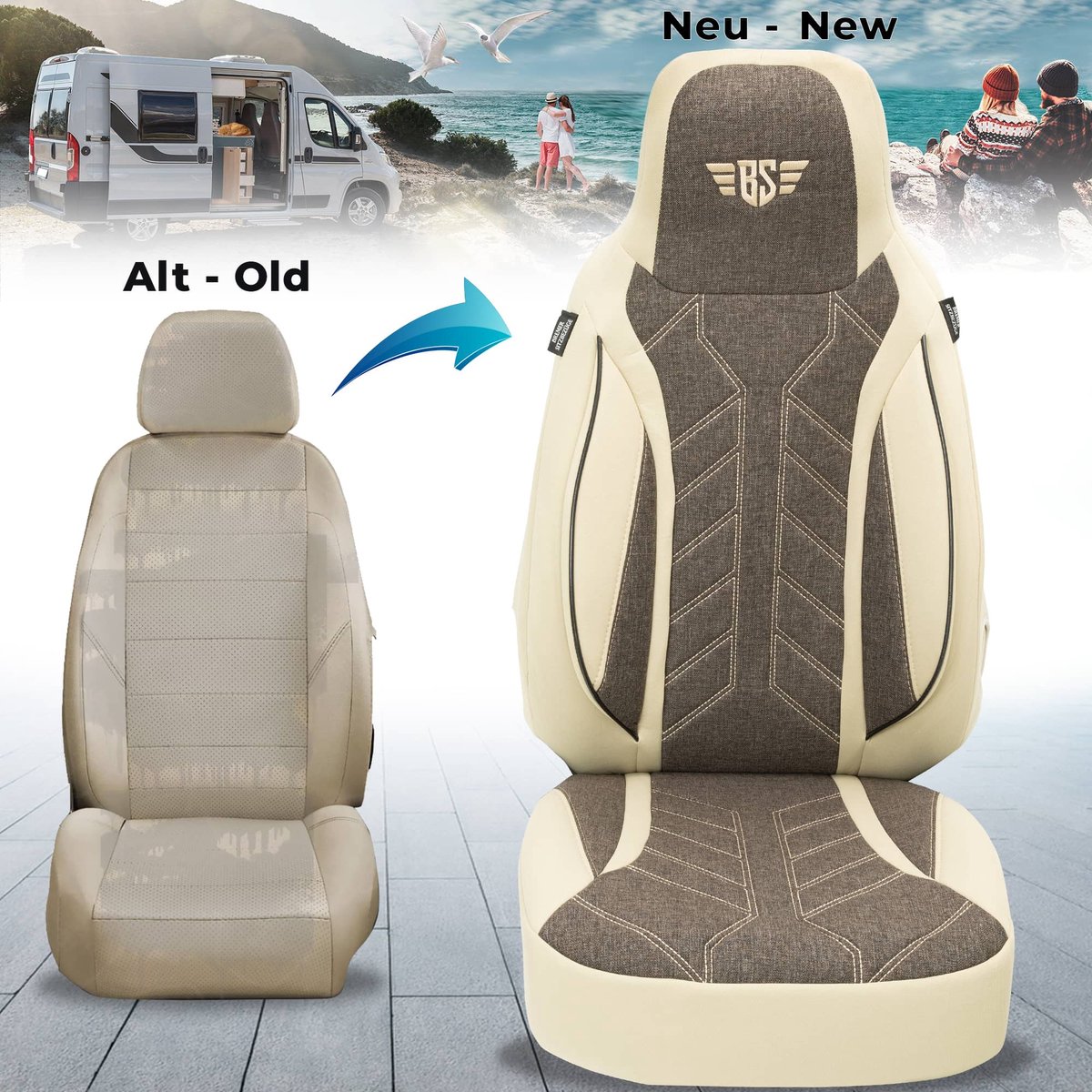 Premium Camper stoelhoezen voor Mooveo TEI Transit PLKT211 in Beige/Bruin (2 losse stoelen)