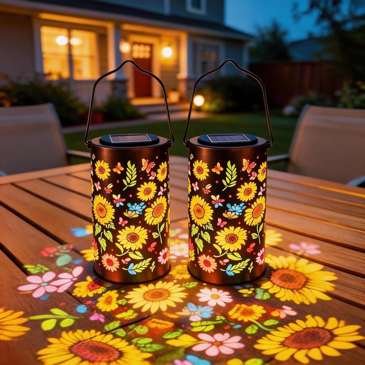 Tuinlantaarn op zonne-energie - Solar lantaarn Buitenlamp - Tuinverlichting - Kleurrijke zonnebloem projectie - 2 stuks - Multicolor