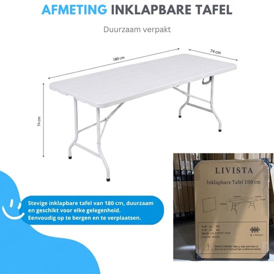 Livista Luxe Klaptafel 180x70 cm - Inklapbare Tafel - Opvouwbare Campingtafel & Stevige Tuintafel - Draagkracht tot 250 kg - Vouwtafel - Antislip en Weerbestendig -Handig voor Feest, Tuin of Camping - Wit van Livista — afbeelding 4