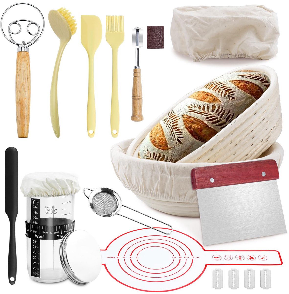 SnelShoppen - 12/14-delige Complete Starterset voor Zuurdesem met Ovale Broodmand 25 cm, Ronde Broodmand 23 cm, Siliconen Broodsteun, Gistfermentatiep