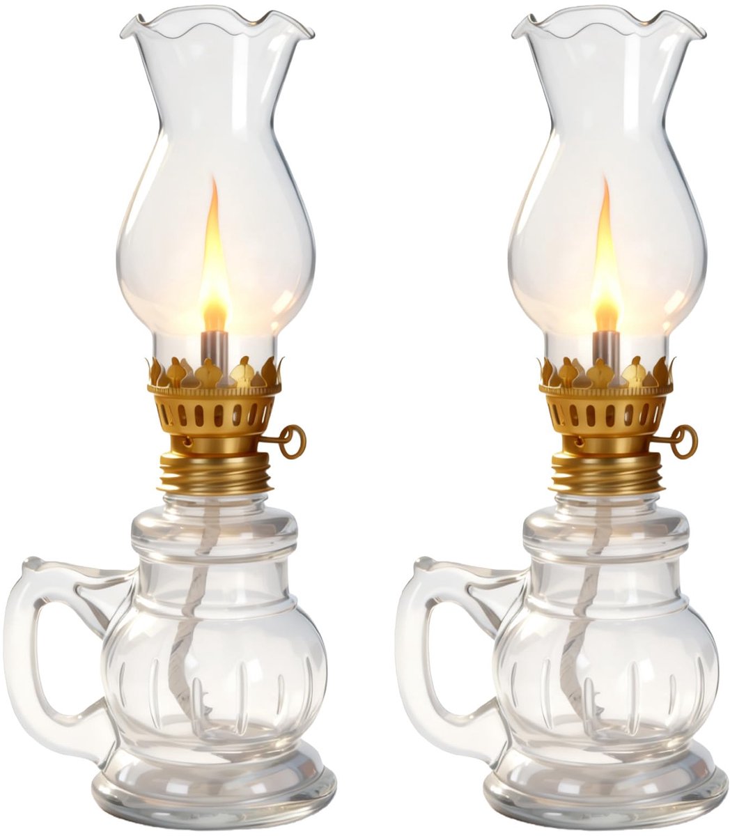 SnelShoppen - 2 Stuks Vintage Petroleumlamp, Olielamp met Verstelbare Vuurlont, Stormlamp van Glas voor Binnen en Buiten, Woondecoratie, Tuin, Noodver