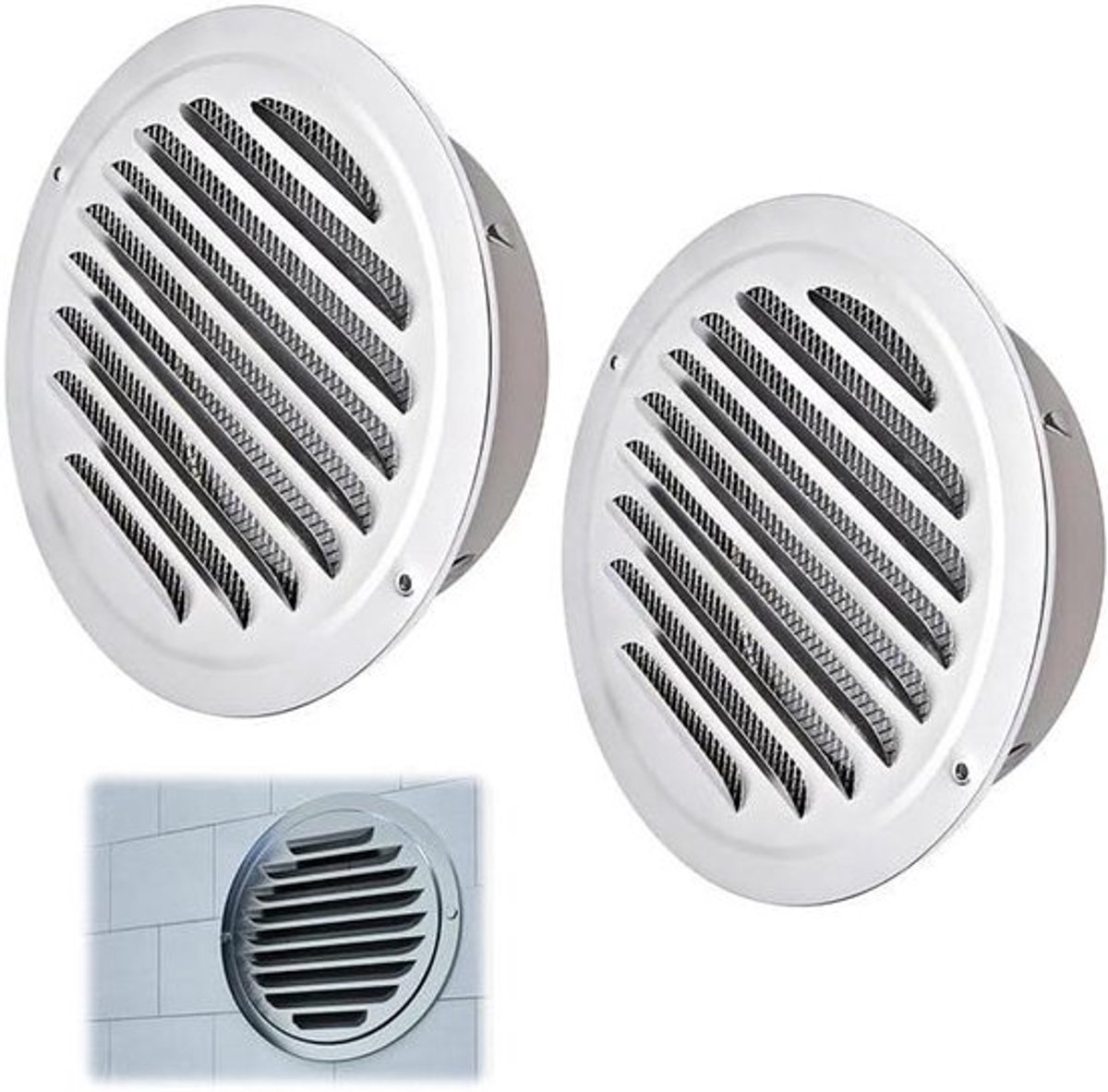 2 Roestvrij Stalen Ventilatieroosters 100mm Met Insectennet - Weerbestendig Luchtafvoerrooster voor Garage, Keuken en Badkamer