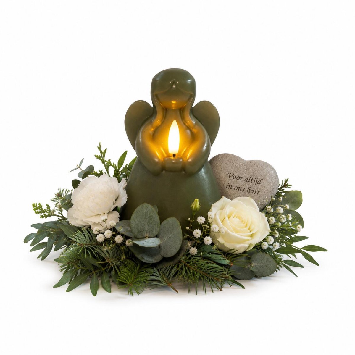 LED herdenkingskaars engel - jade groen - 14 x 8 cm - met timer - op batterijen - kerstkaarsen