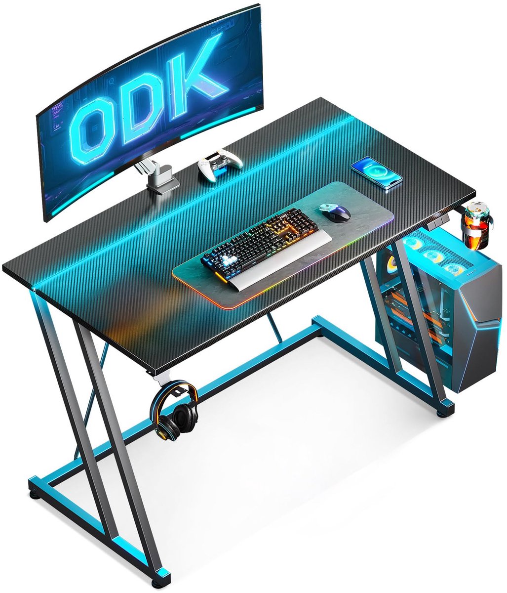 SnelShoppen - ODK Gaming Bureau LED 100 x 50 cm met Bekerhouder en Hoofdtelefoonhaak, Zwart Carbonvezel Dubbel-Z Design Gamingtafel voor Computer, Gam