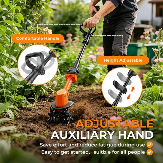 Velori Accu Tuinfrees 21V - Snoerloze Cultivator - Elektrische Grondfrees - Bodemwoeler - Telescopische Steel - 2 Accu's - 235 RPM - 10 cm Werkbreedte — afbeelding 3