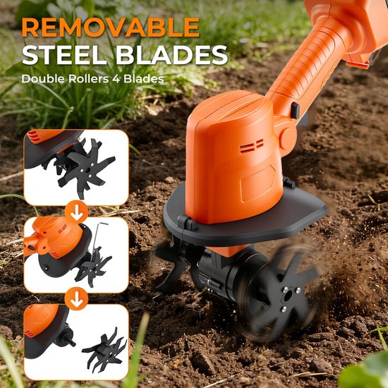 Velori Accu Tuinfrees 21V - Snoerloze Cultivator - Elektrische Grondfrees - Bodemwoeler - Telescopische Steel - 2 Accu's - 235 RPM - 10 cm Werkbreedte — afbeelding 2