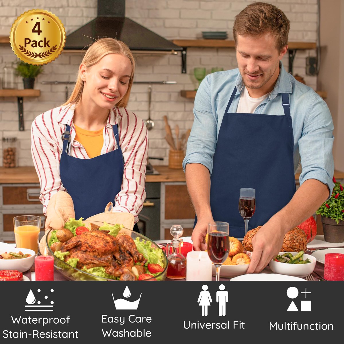 SnelShoppen - 4 Packs Waterdichte Chef Schorten met 2 Zakken, Verstelbare Schorten voor Mannen en Vrouwen, Professionele Keuken Schorten voor Koken, B