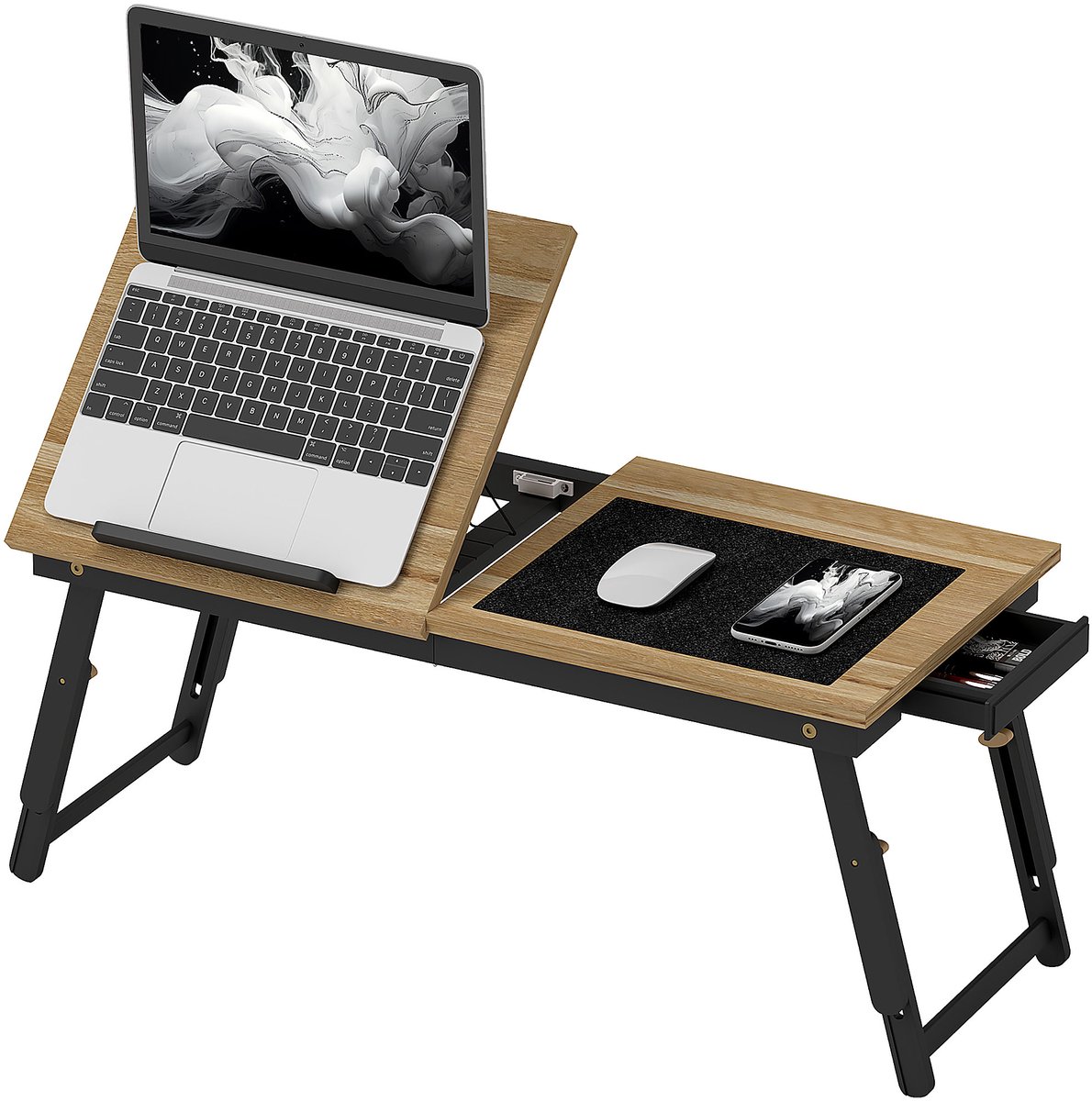 ECTEATOY® Verstelbare Laptoptafel voor op Bed en Bank - Opvouwbaar Schootbureau met Kantelbaar Blad & Lade - 83x33 cm - Eiken
