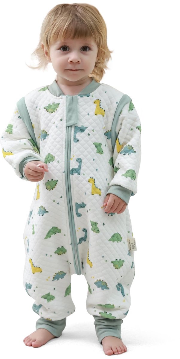 SnelShoppen - Babyslaapzak met Voeten 2,0 Tog, Katoenen Kinderslaapzak voor het Hele Jaar met Afneembare Mouwen, Dinosaurus Design voor Kinderen van 4