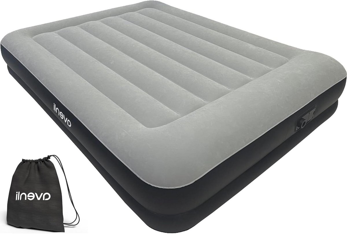 Luchtbed - Logeerbed Kampeerbed - Comfortabel Slapen - Zelfopblazend met Pomp - 203 x 152 x 36 cm - Grijs/Zwart
