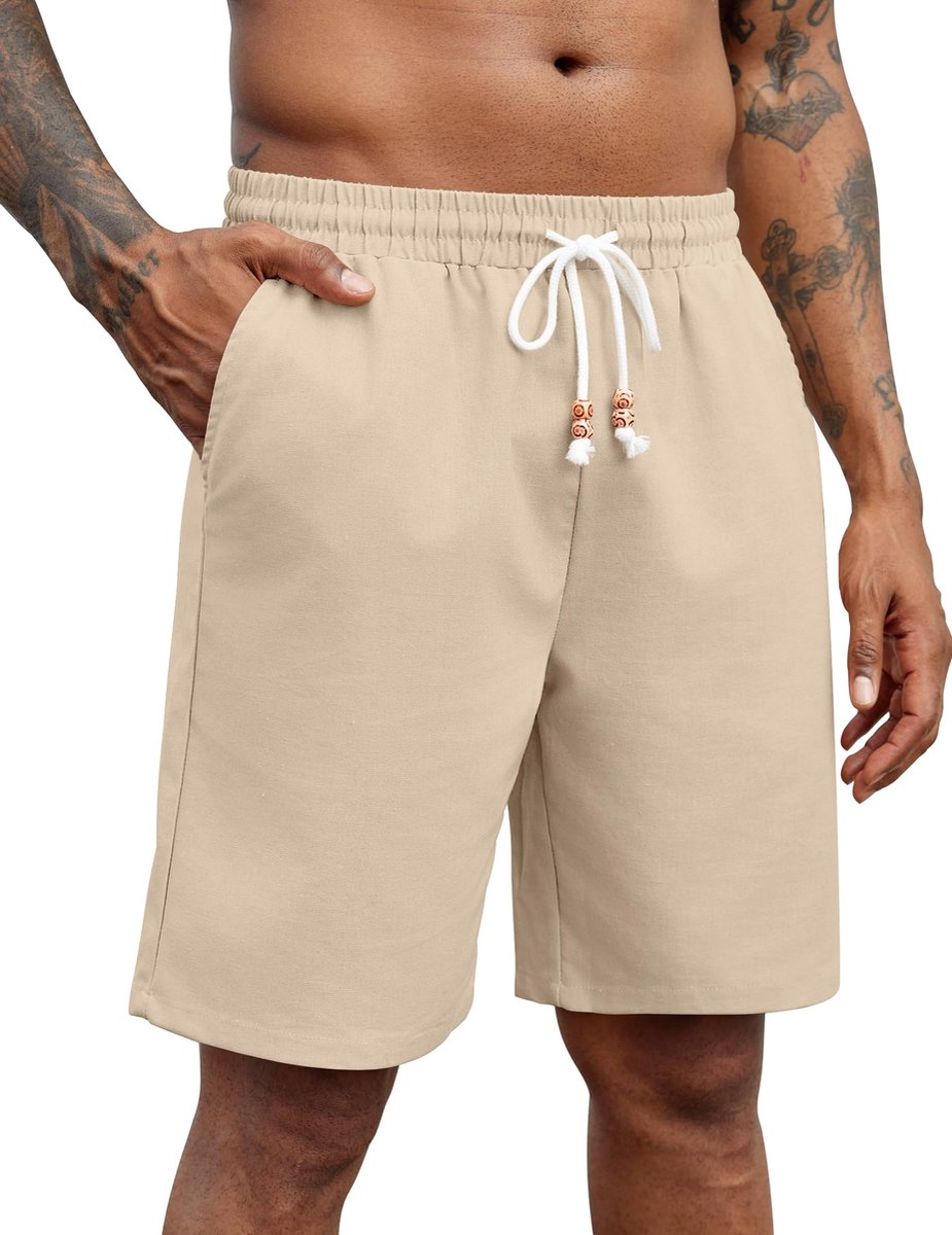 SnelShoppen - Linnen Herenshorts XL, Korte Zomershorts Licht Kaki voor Casual Vakantie, Strandbroek met Elastische Taille voor Comfort en Stijl