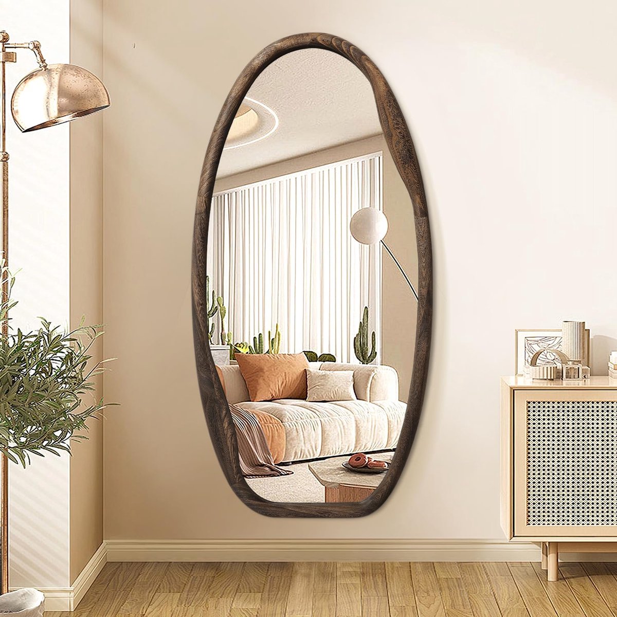 SnelShoppen - Asymmetrische Muurspiegel met Houten Lijst 101,6 x 50,8 cm - Grote Ophangspiegel voor Woonkamer, Badkamer, Entree en Slaapkamer - Bruin,