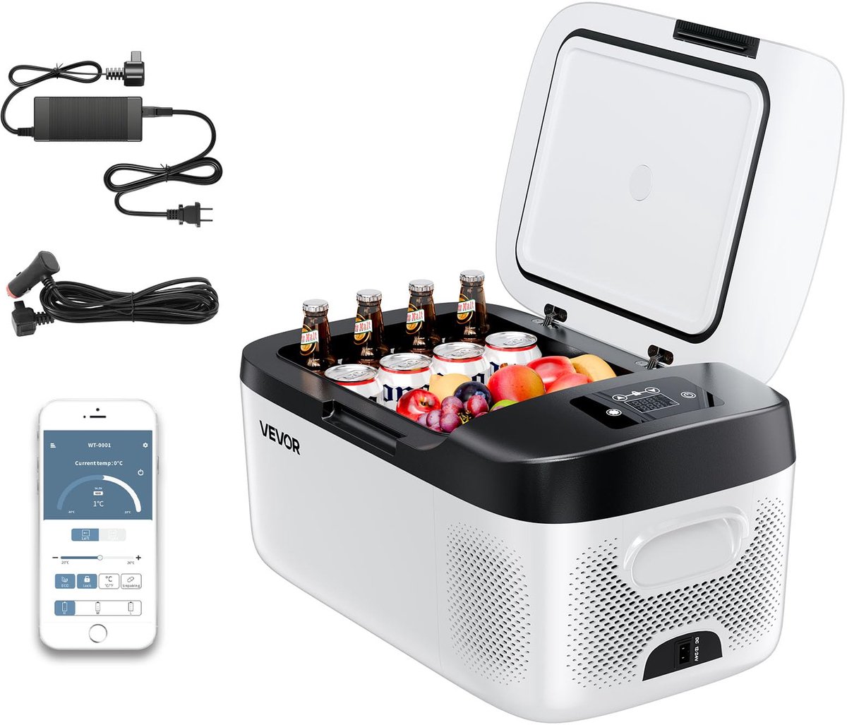 SnelShoppen - Draagbare elektrische koelkast voor auto, 15 l mini-compressor, DC 12V, 24V, koud- en warme modus, app-bediening, schokbestendig ontwerp