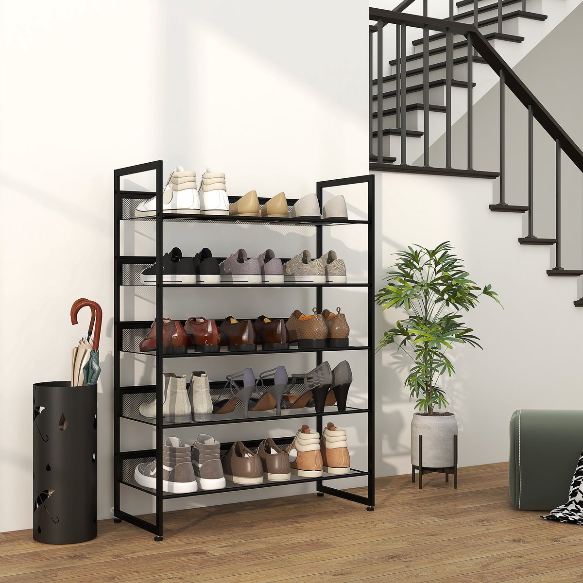 HAUSS SPOLE Schoenenkast – 5-Laags Schoenenrek – 72 x 30 x 102 cm – Metaal – Zwart – Voor Hal En Woonkamer – Met Ventilerende Gaasplanken