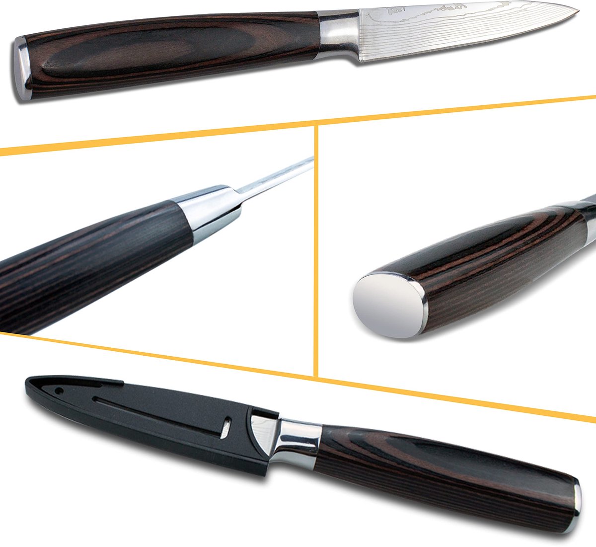 SnelShoppen - Kitory Schilmes 9 cm - Scherp Keukenmes - Fruitmes van Duits Koolstofstaal - Ergonomische Pakkahouten Handgreep met Beschermhoes & Gesch