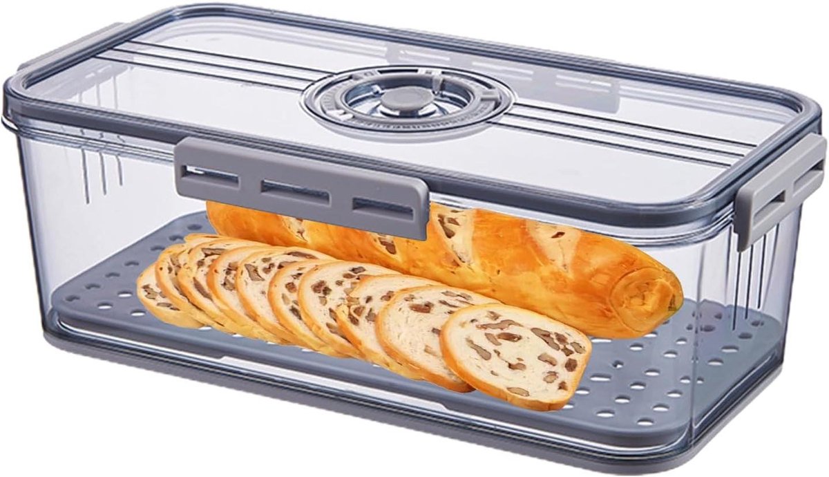 Broodbak - Broodtrommel Opslag - Brood Vers Houden - Instelbaar Luchtventiel - 33.5x18.5x12 cm - Grijs