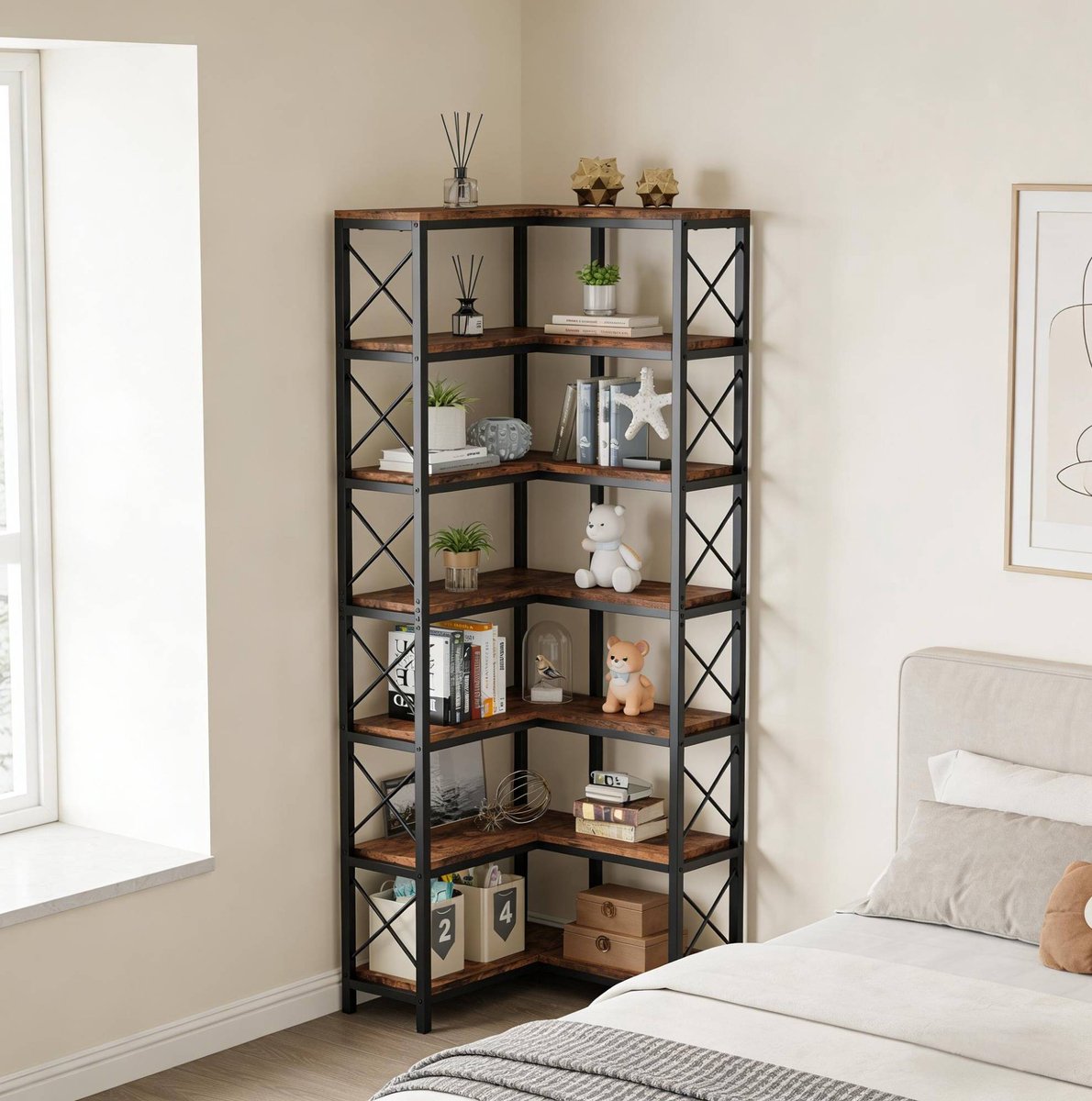 Boekenkast – Industrieel Hoekontwerp Met 7 Lagen En 14 Open Vakken – 61 X 60,5 X 202 Cm – Metaal En Hout – Zwart En Rustiek Bruin – Open Opbergruimte