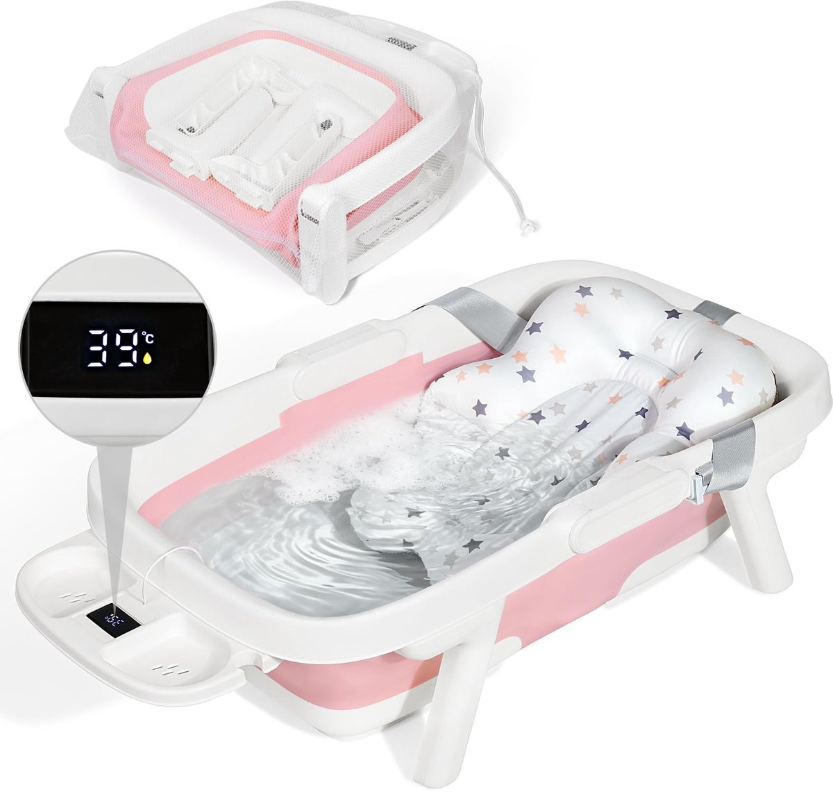 SnelShoppen - Orzbow Opvouwbaar Babybadje - Groot Peuterbad met Thermometer - Inklapbaar Babybadje voor Peuters 0-6 Jaar - Zacht Kussen - 3-in-1 Lade
