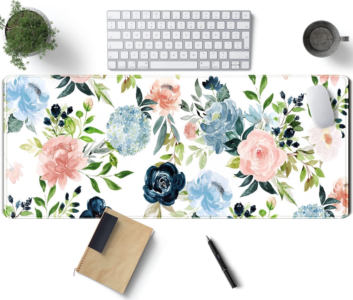 SnelShoppen - Groene Gamingmat XL - Bureaumat, Muismat met Bloemenpatroon in Paars, Blauw en Roze - Groot 80 x 31,5 inch - Comfortabel voor Computer e