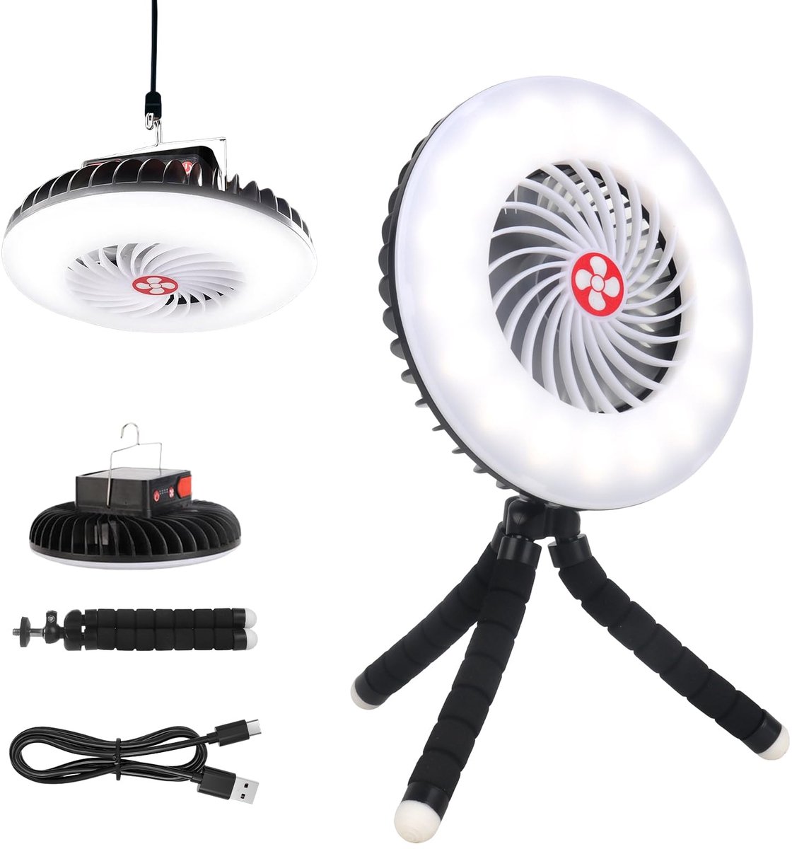 SnelShoppen - Led-campinglamp met Ventilator, USB-oplaadbaar, Zonne-energie, Dimbare Campinglantaarn met Haak en Houder, Voor Avontuur, Vissen, Black-