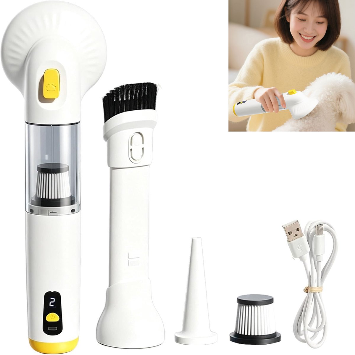 KZQ Krachtige draadloze huisdier haarborstel met ingebouwde kam en sterke zuigkracht - Compact en lichtgewicht voor thuis en reizen - Perfect voor hondenbezitters en trimmers - Geel