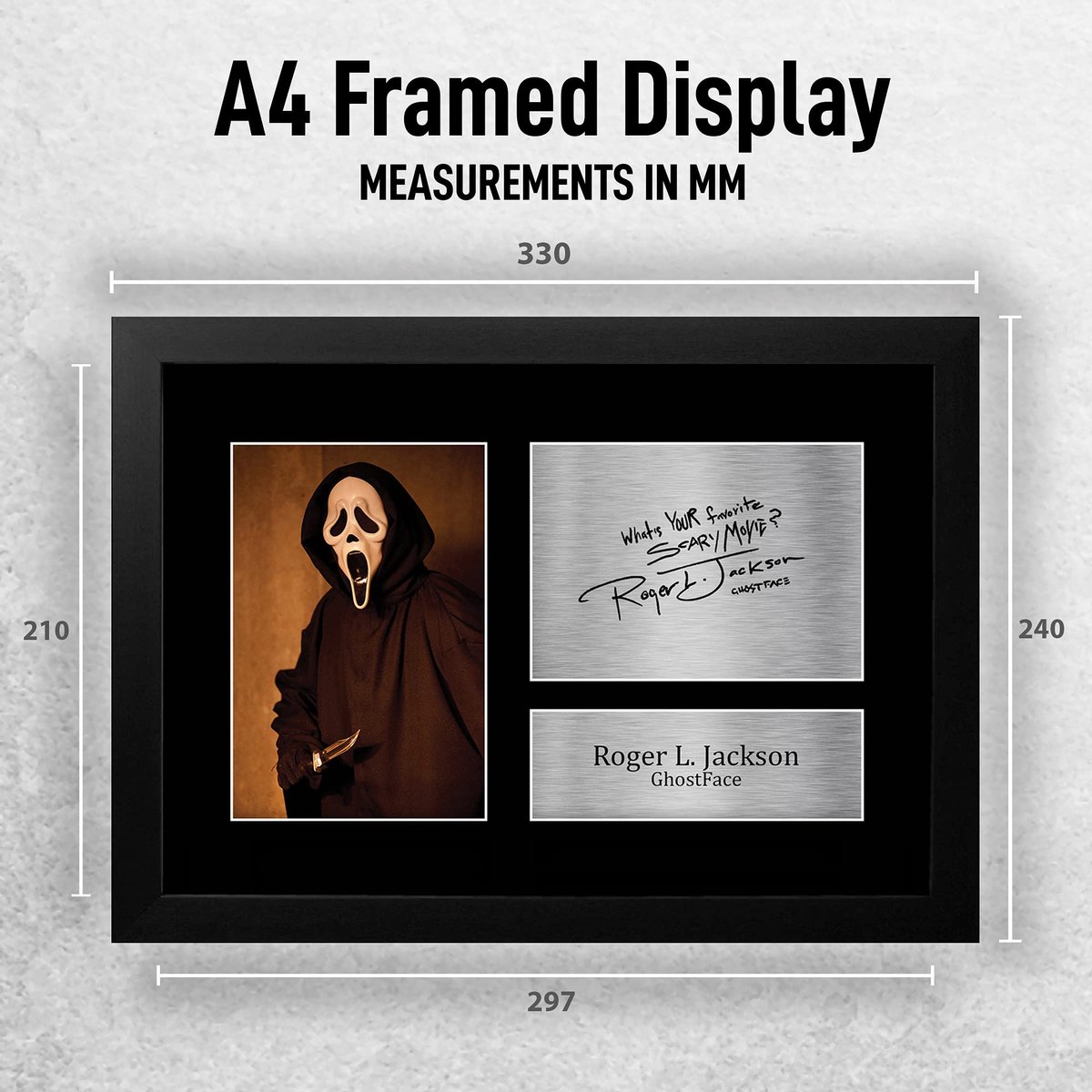 SnelShoppen - A4 Framed Roger L Jackson Scream Ghost Face Handtekening Foto - Filmmemorabilia Geschenken voor Fans - Uniek Kado voor Horror Liefhebber