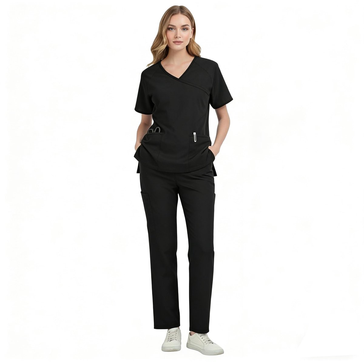 SnelShoppen - Medische Kledingset Dames Korte Mouw V-hals Top Met Knoop aan de Taille Rechte Broek Verstelbaar Medisch Uniform voor Verpleging DK89, Z