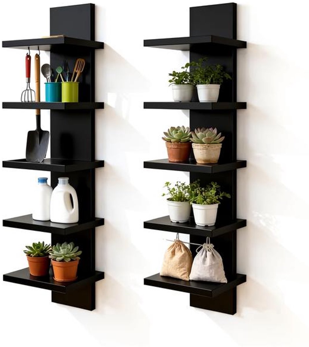 2 stuks zwevende planken met 5 niveaus, verticale kolomframe hangende richel - multifunctioneel wandrek voor decoratie en opslag, zwart.