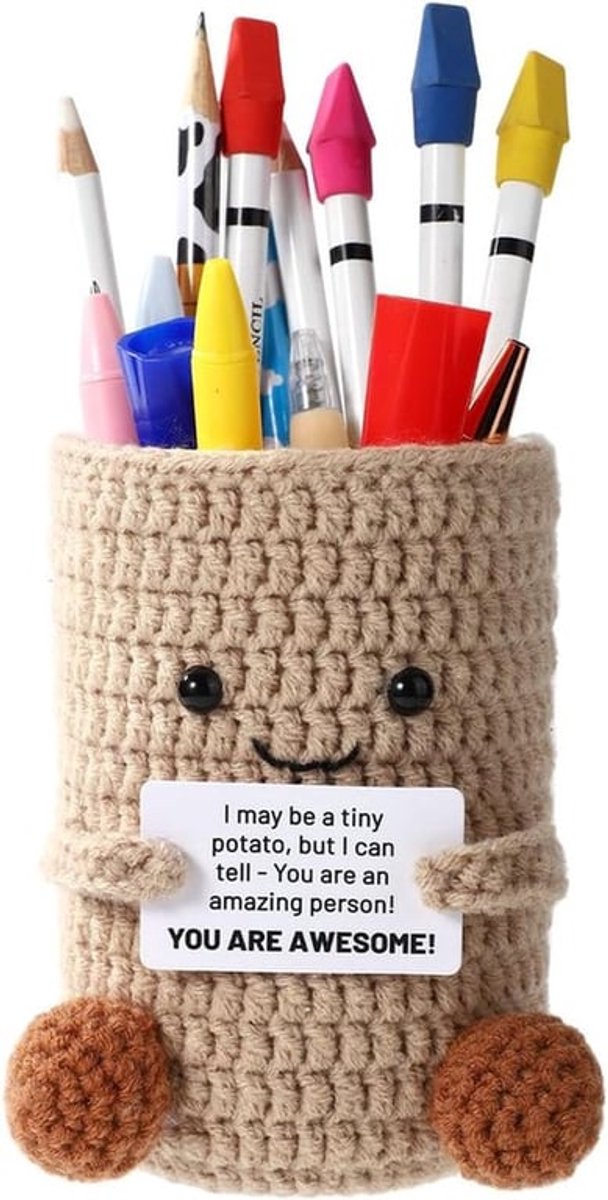 Positieve Emotionele Aardappelpenhouder, Gehaakte Penhouder Aardappelspeelgoed met Positieve Kaart Bureaubladdecoratie Cadeau voor Verjaardagsfeestjes voor Familie en Vrienden