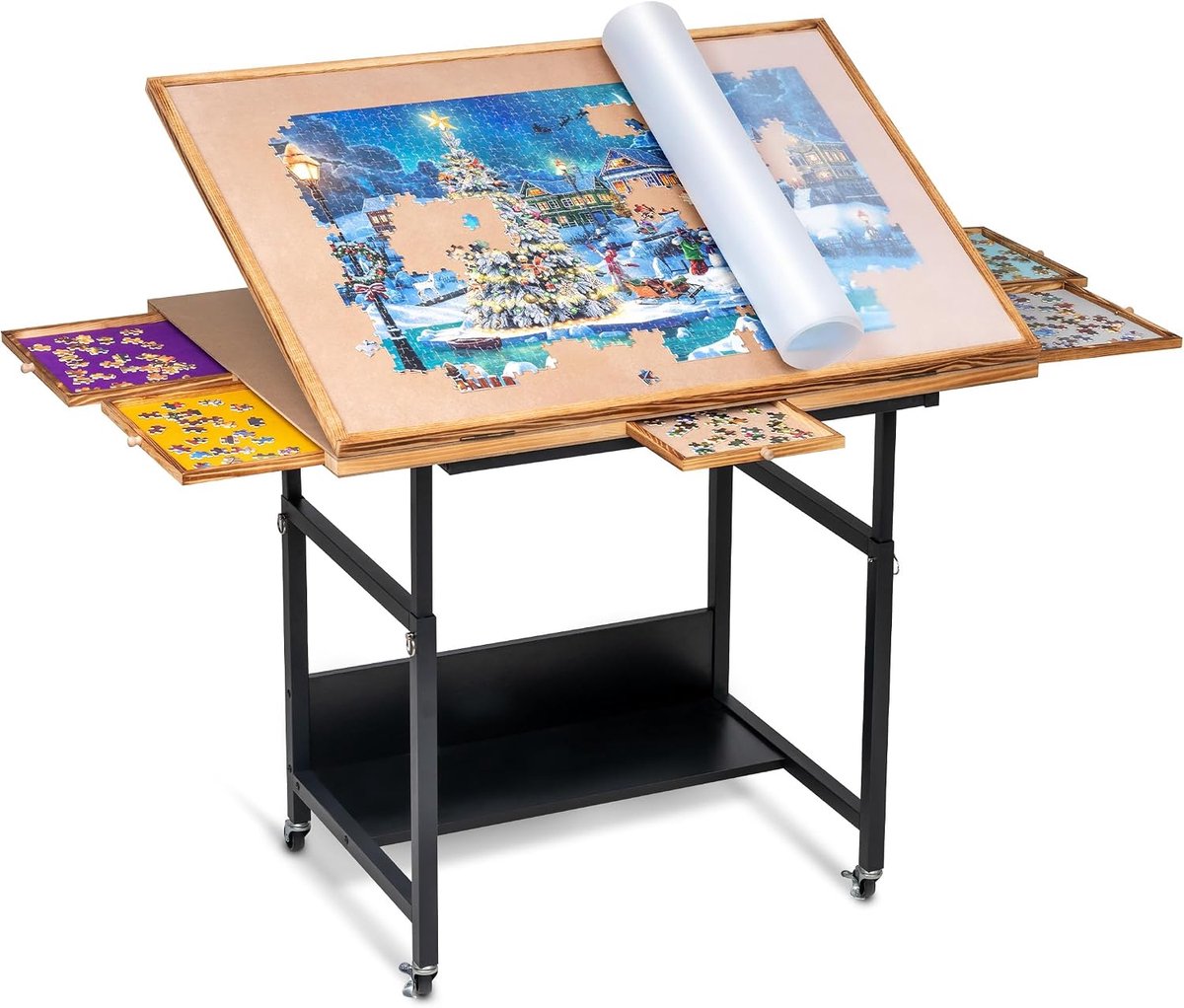 CINK & Co Puzzeltafel 1500 Stukjes - 5 Lades en Beschermhoes - In Hoogte Verstelbaar en Kantelbaar - Verrijdbaar - 93 x 65 x 75-95 cm