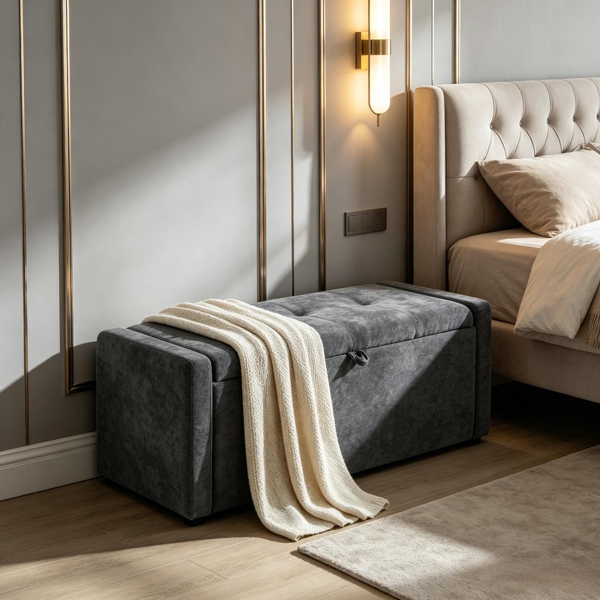 MIVRAY Opbergbank – 122 x 48 x 44 cm – Verborgen Opbergruimte – Linnenlook Polyester, Schuim en Nylon – Donkergrijs – Voor Slaapkamer en Hal