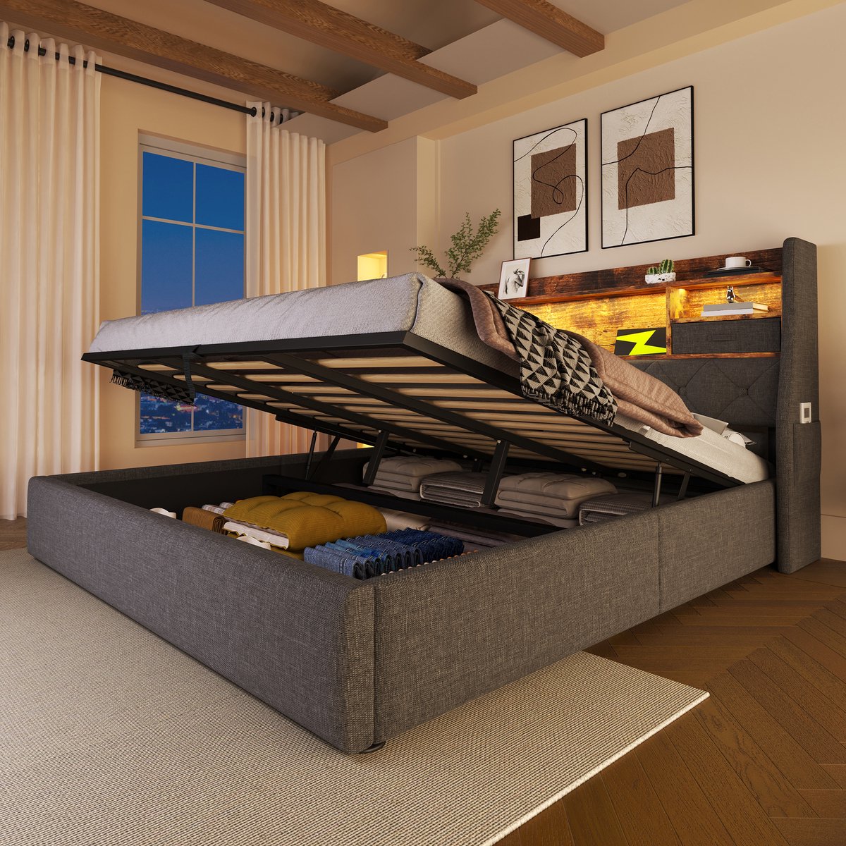 Wishdor Bed 140x190 cm met hydraulische opbergruimte - Led-kopstuk - USB- en type-c-oplaadpunten - lattenbodem - grijs stof