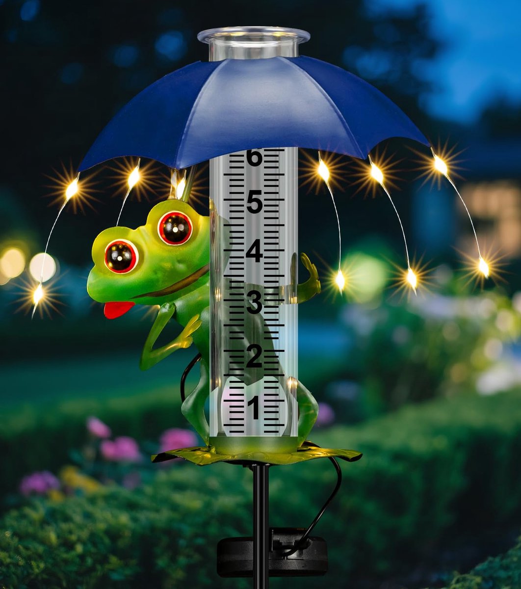 Namajunas - Regenmeter - Regenmeter Tuin - 7 Inch 250 ML - Regenmeter Met Grondpen - Met Solar LED‑lamp - Roestvrij stalen frame - Kikker met paraplu - Neerslagmeter - Tuindecoratie - Buitenverlichting - Tuinbeelden voor buiten - Cadeaus