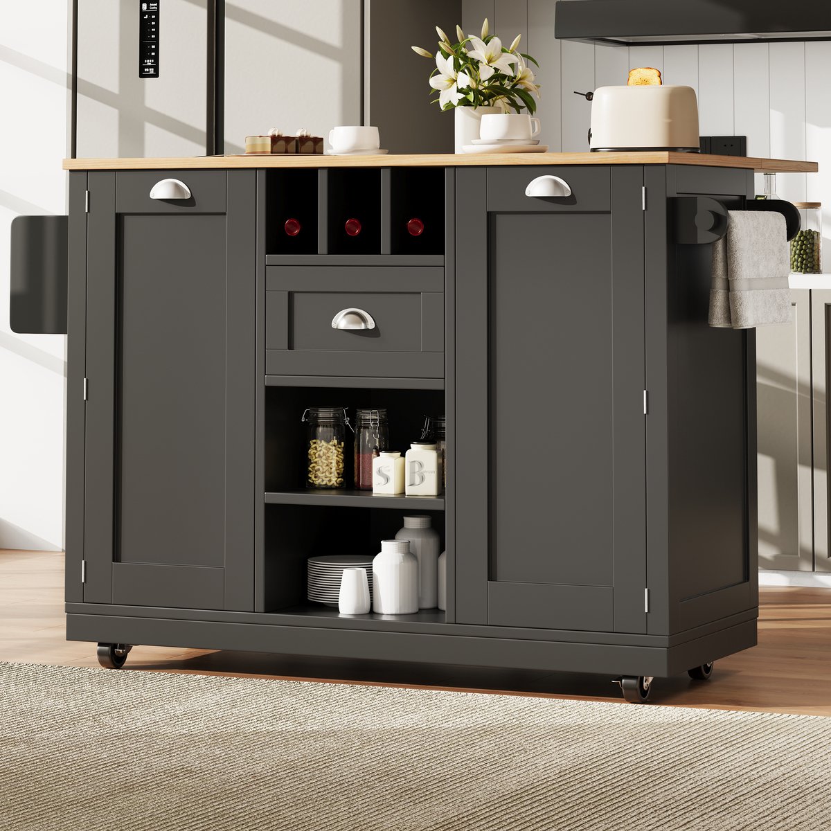 COVREO Keukenisland 140 x 70 x 93,5 cm zwart MDF en metaal, met wielen