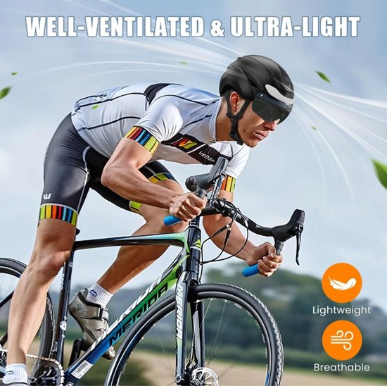Fietshelm met verlichting, knipperlicht en richtingaanwijzer, USB oplaadbaar en met afstandsbediening. Lichtgewicht fietshelm voor volwassenen met vizier, ideaal voor dames en heren en geschikt als fietsaccessoire voor brede banden. — afbeelding 5
