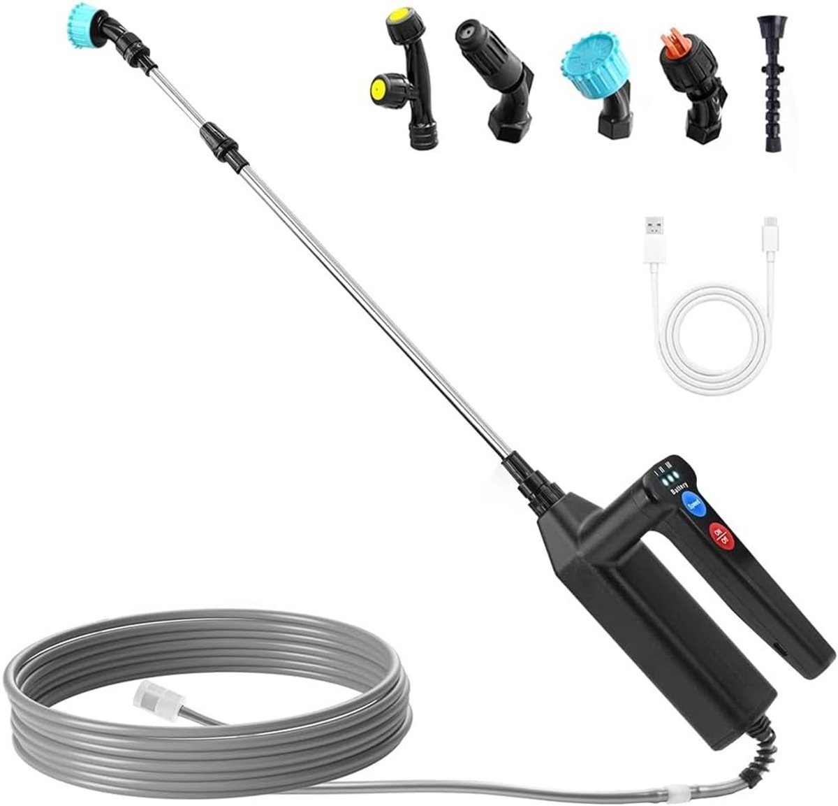 Draadloze Drukspuit, 7.4V Elektrische Plantenspuit Voor de Tuin, Tuinspuitpistool, Met Verlengstok en 5 m Slang, 4 Sproeiers, USB-Oplaadbaar, Voor Tuin, Erf, Gazon en Onkruidbestrijding