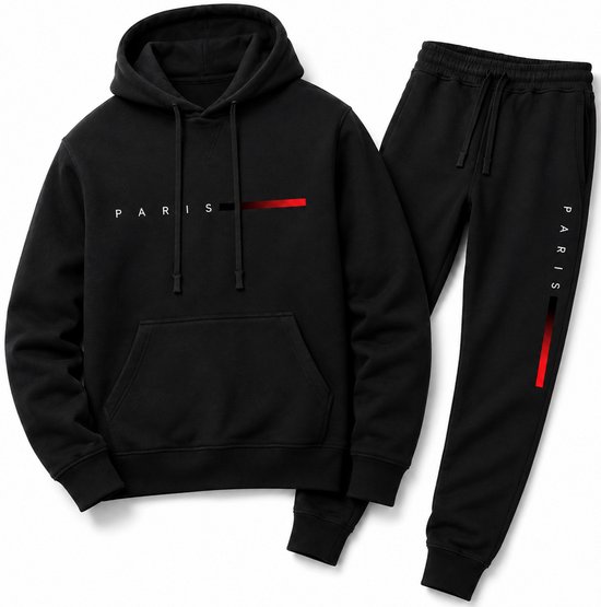 Trainingspak Heren - Joggingpak met Hoodie en Sportbroek - Katoen - Paris print - Zwart - XXL