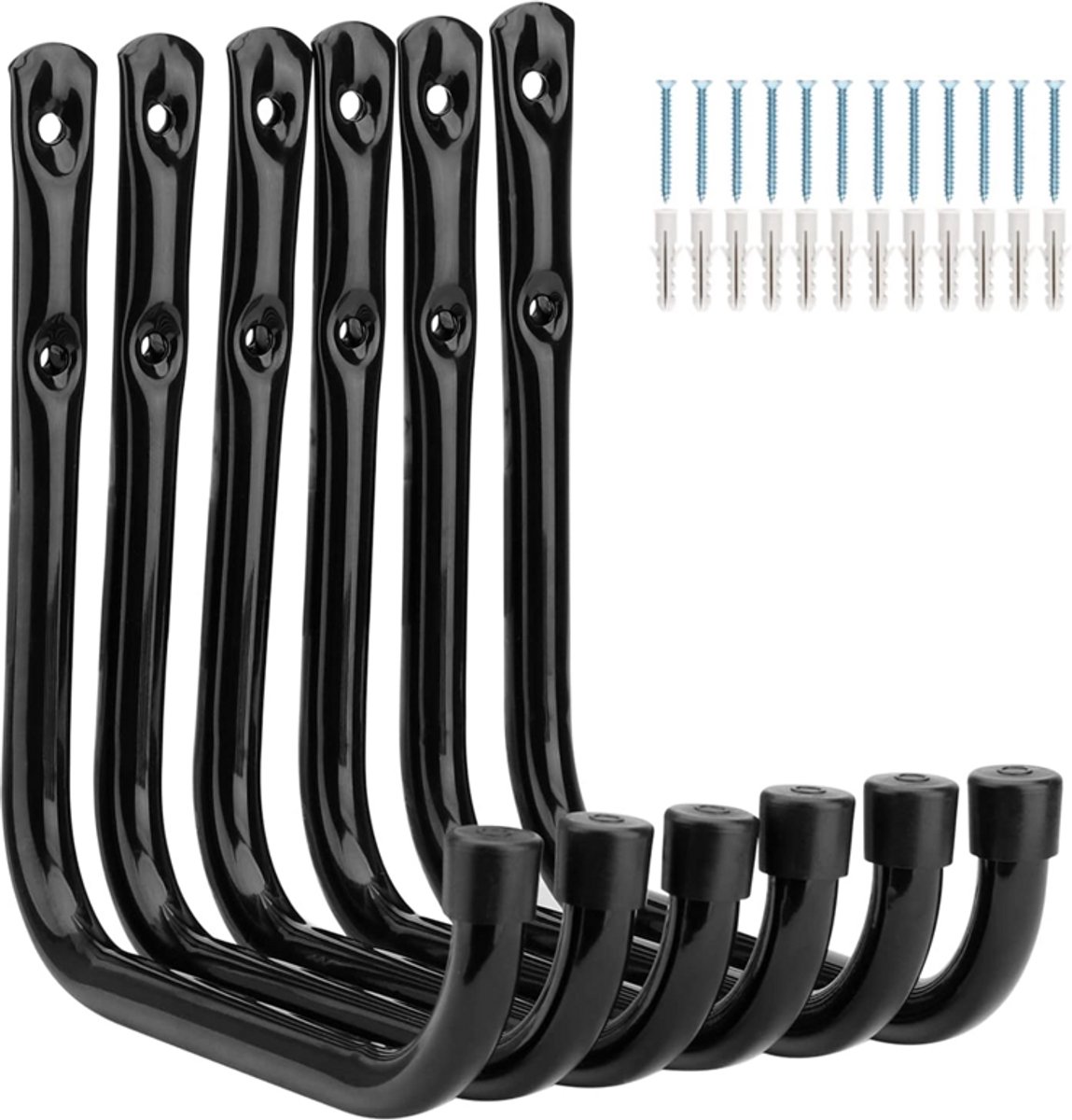 Stevige garagehaken - Set van 6 - Fietshaken - Haken voor tuingereedschap - Inclusief montageschroeven - Wandmontage - Geschikt voor fietsen, ladders, stoelen, tuinslangen, elektrisch gereedschap, enz. - 11,5*9 cm - Zwart