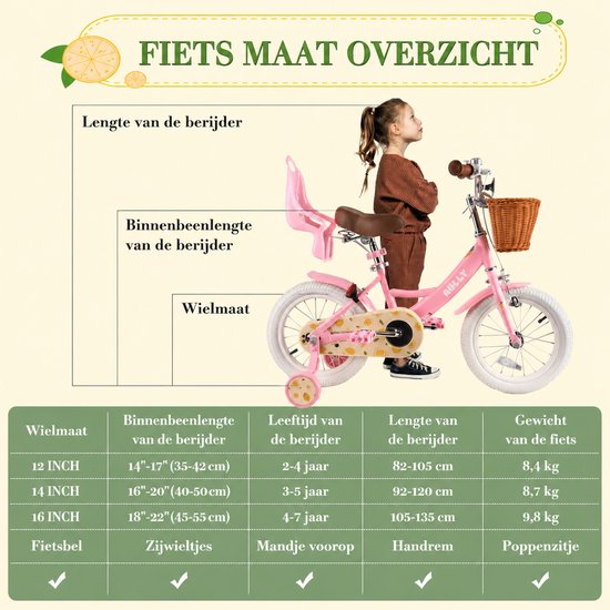 Rully Meisjesfiets - 12/14/16 inch - Fruitendesign - Met Zijwieltjes, Bruine Rieten Mand en Poppenzitje -Roze — afbeelding 5