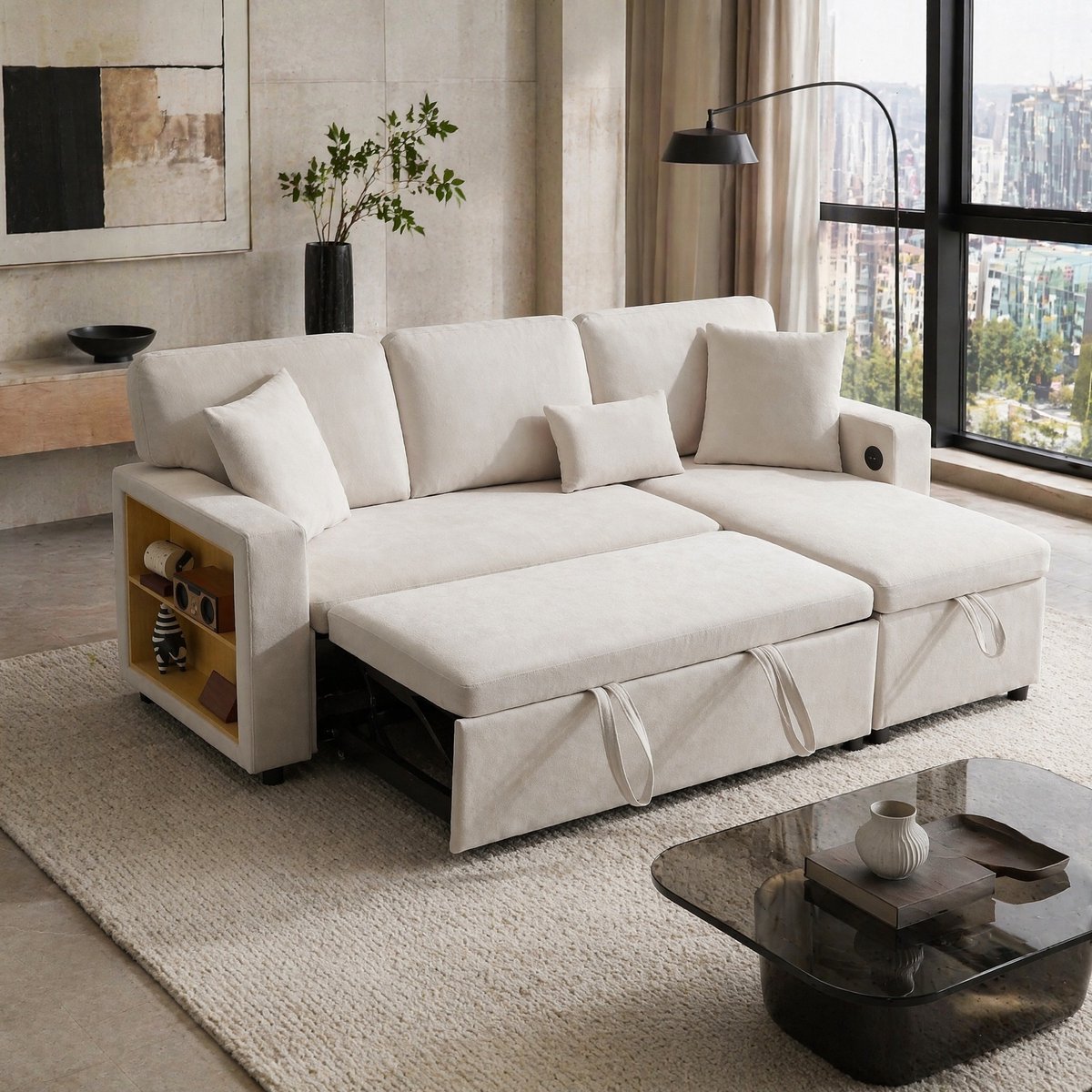 COVREO Hoekbank 214x131x87 cm beige stof, slaapbank met opbergruimte