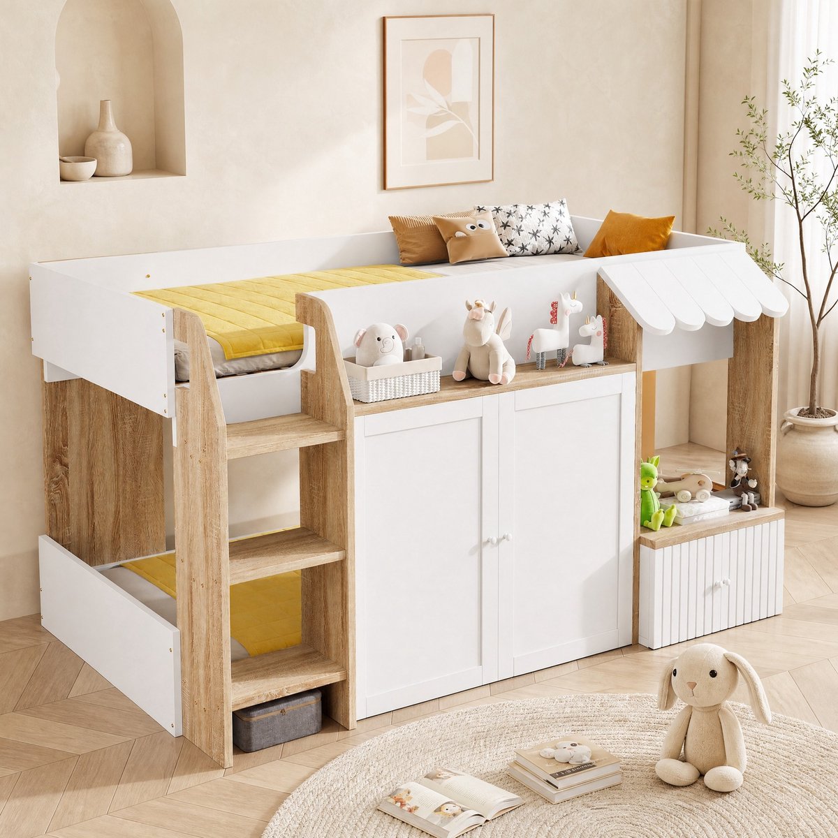 COVREO Stapelbed 90x200 cm wit hout, met opbergruimte en ladder