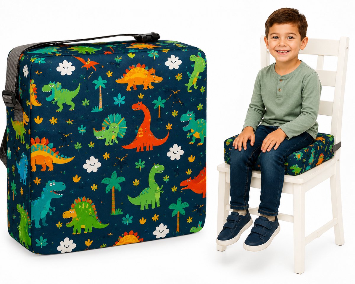 Dutchers® Stoelverhoger voor Kinderen – 8cm Verhoogkussen met Dierenprint – Zitverhoger voor Eettafel & Eetkamerstoel – Zitkussen Tafel - Peuter Stoelverhoger - Stoelkussen waterdicht – Zitverhoger voor eetkamerstoel - Veilig met Riemen - Dino