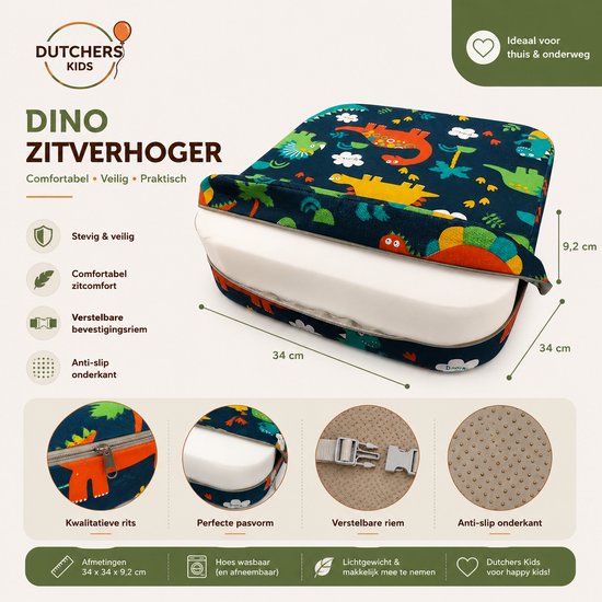 Dutchers® Stoelverhoger voor Kinderen – 8cm Verhoogkussen met Dierenprint – Zitverhoger voor Eettafel & Eetkamerstoel – Zitkussen Tafel - Peuter Stoelverhoger - Stoelkussen waterdicht – Zitverhoger voor eetkamerstoel - Veilig met Riemen - Dino — afbeelding 5