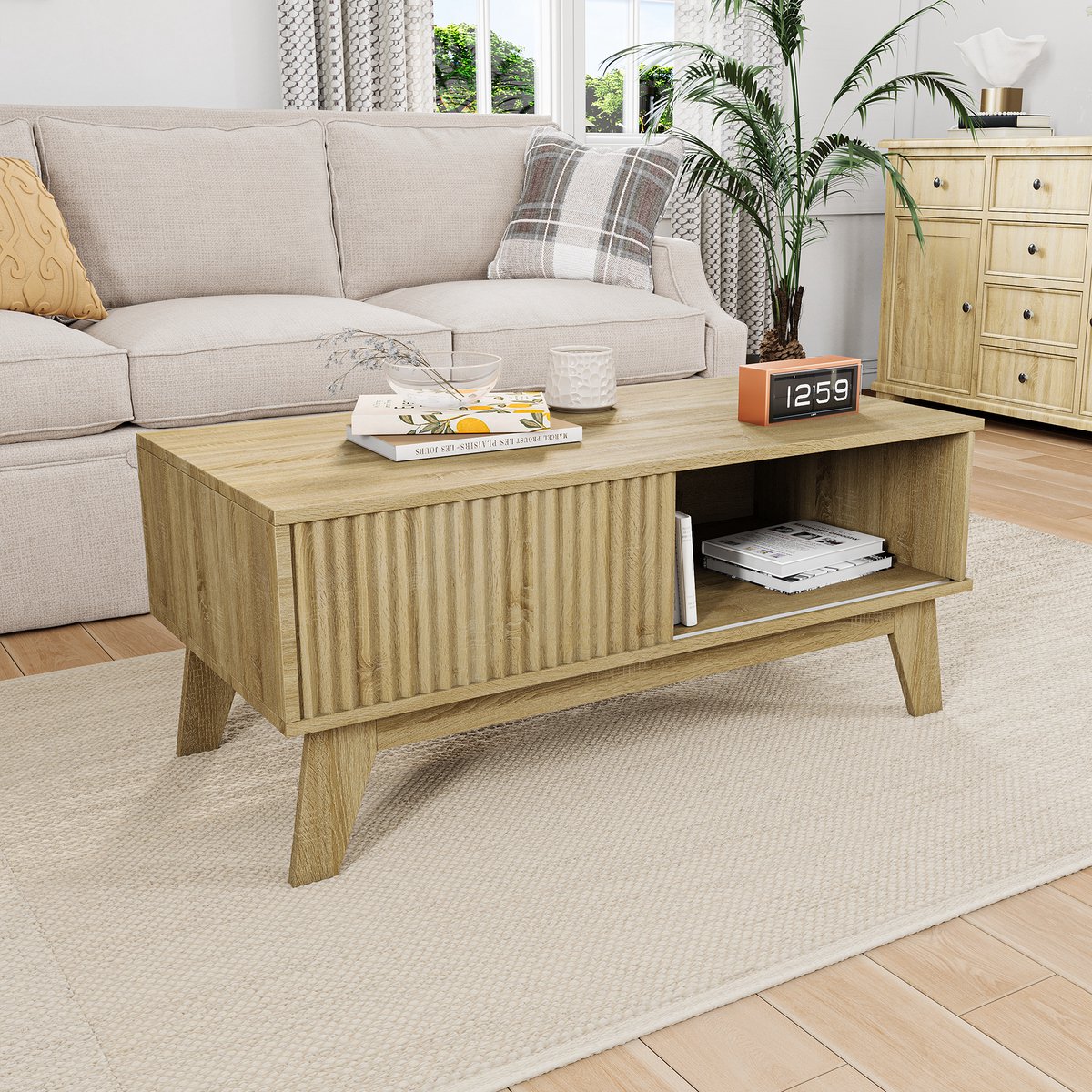 Rechthoekige salontafel van natuurlijk hout met schuifdeur, gegroefd blad, opbergruimte, stevig hefmechanisme, mid-century stijl, multifunctionele tafel voor woonkamer en thuiskantoor, houtkleur