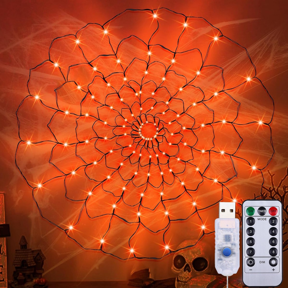 Rosnek Halloween Spinnenweb Verlichting - 70 LED - 8 Lichtmodi - Afstandsbediening en Timer - Dimbaar - Oranje - USB